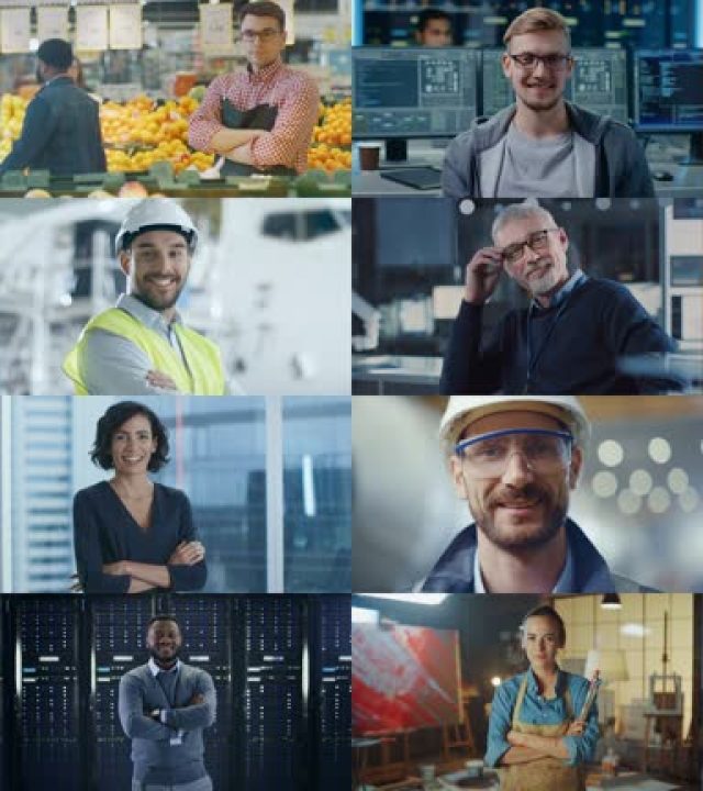 Multiple Screen Montage: Diverse Group of Professional People Smiling. Business People, Entrepreneur, Worker, Engineers, Female Astronaut, Artist, Chef, CEO, IT Specialist. Happy Workers of the World